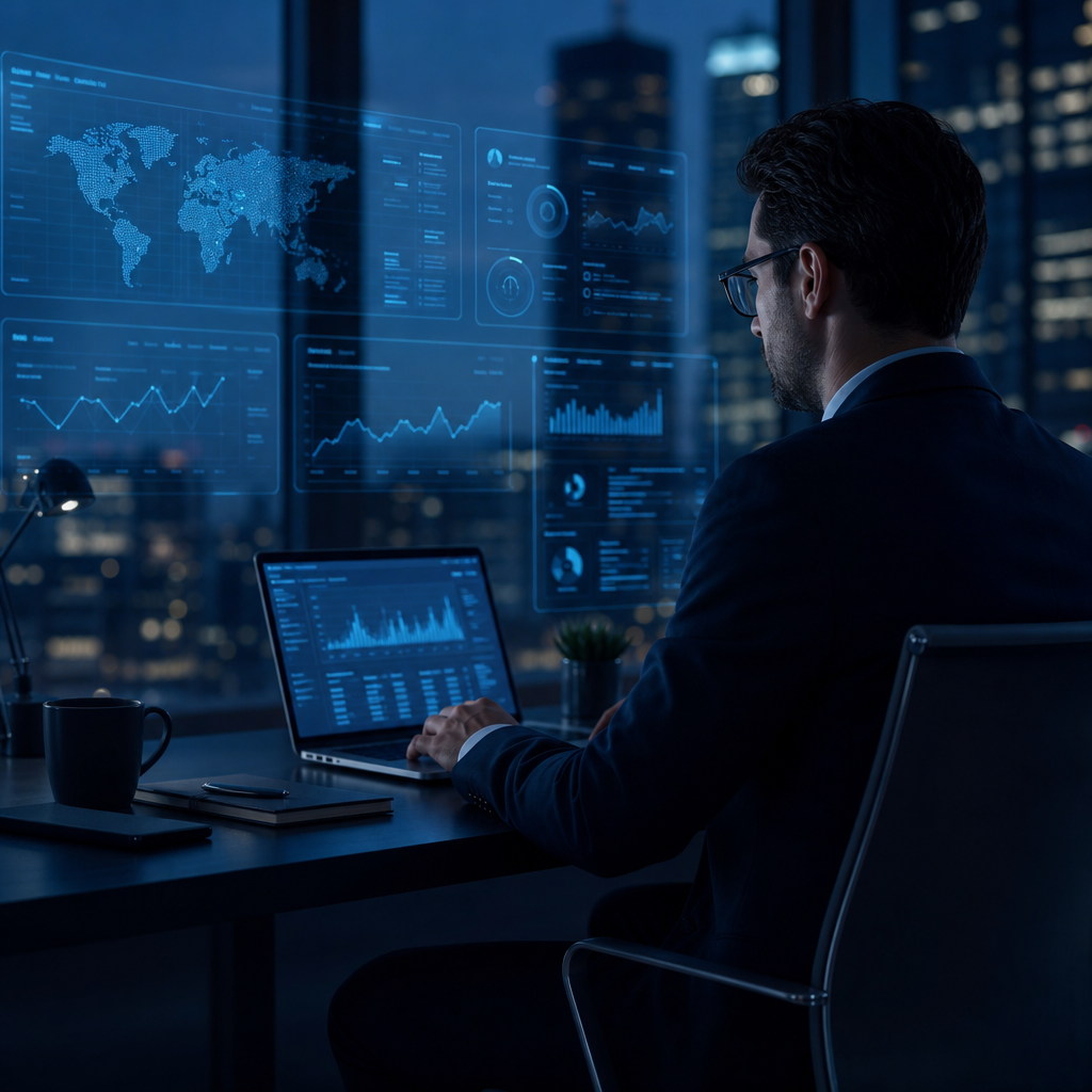 Profesional analizando paneles financieros y de pagos en una oficina moderna
